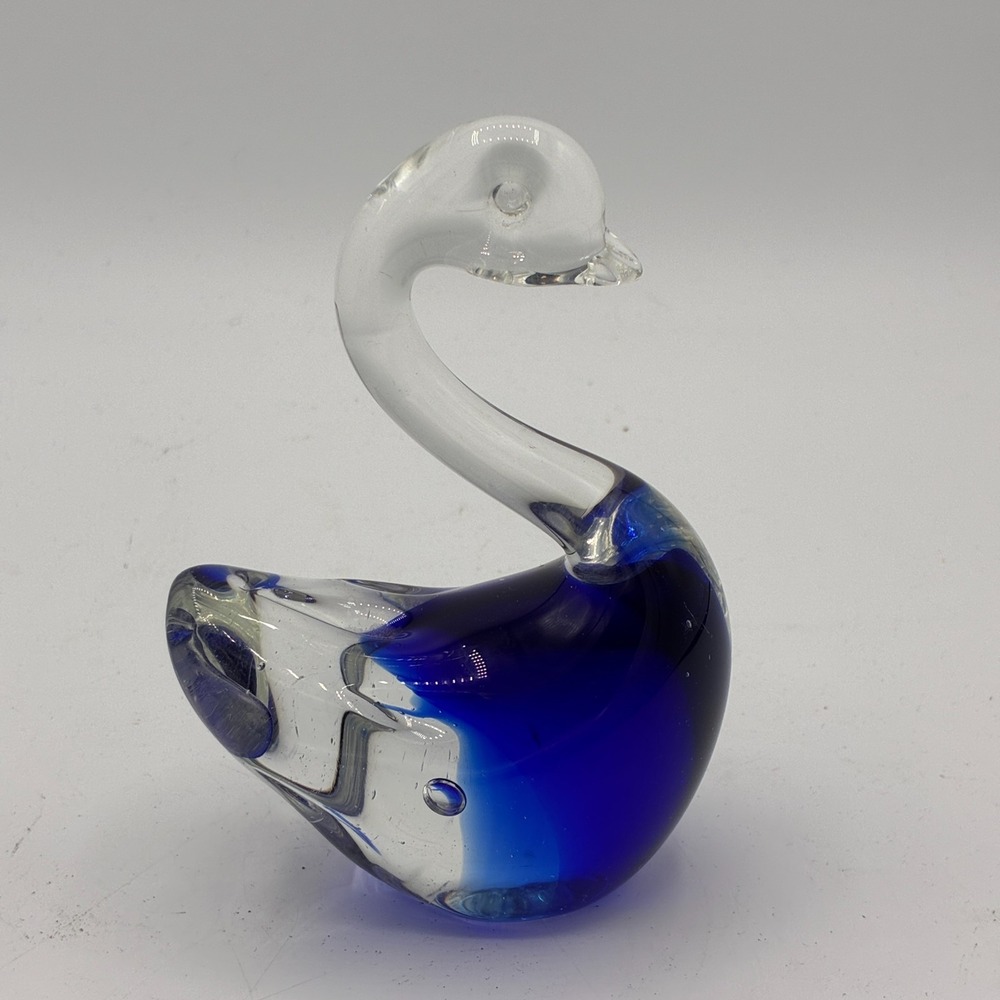 Cobalt Blue Glass Swan Paperweight Figurine Murano Style Sommerso Hand Blown 5in